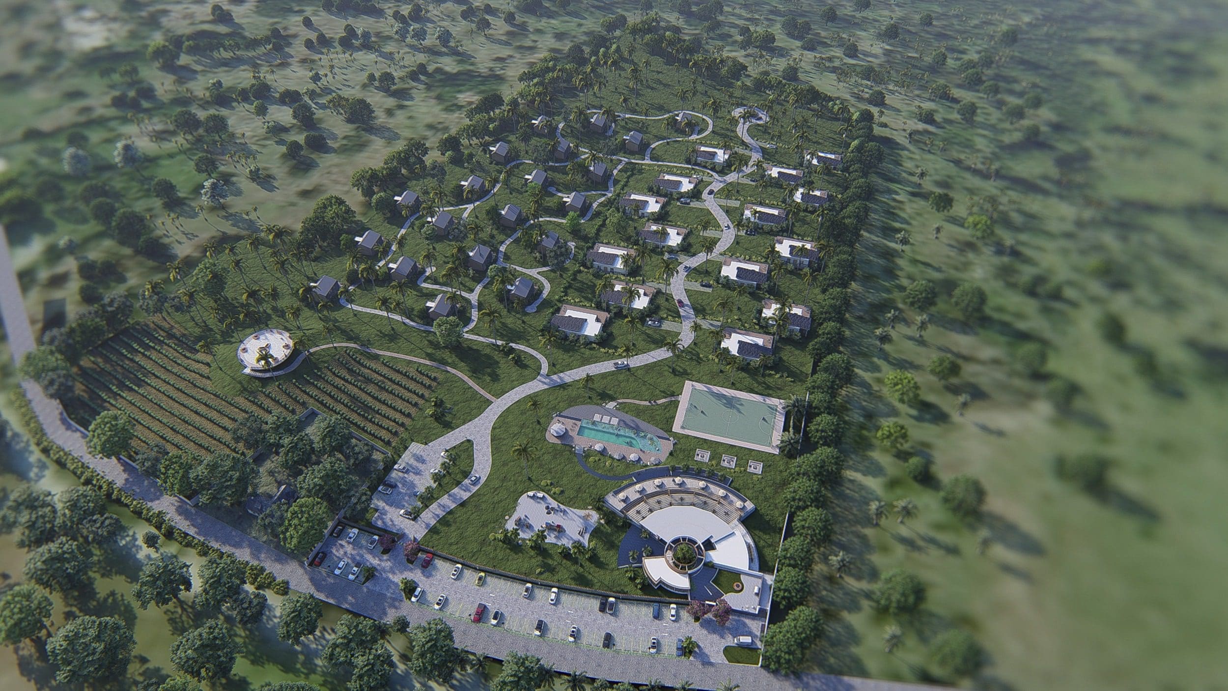 buyDRproperty Aerial view of a resort with bungalows, pool, and restaurant. Cozy living with panoramic views. Sosua Real Estate