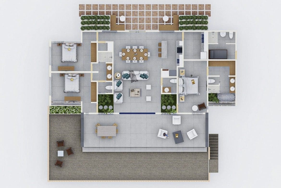 buyDRproperty 3-bedroom villa floor plan with outdoor terrace and living spaces. Sosua Real Estate