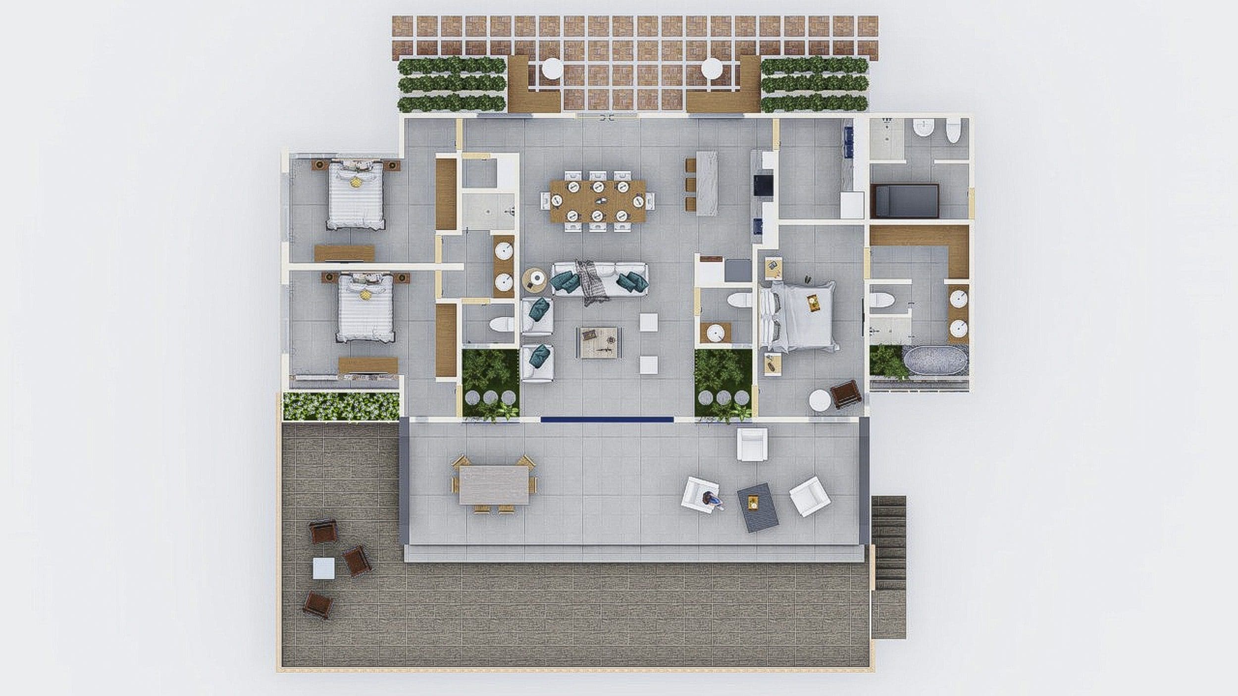 buyDRproperty 3-bedroom villa floor plan with outdoor terrace and living spaces. Sosua Real Estate