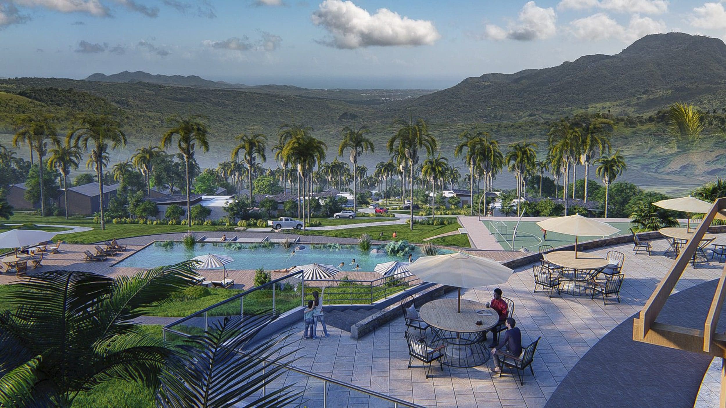 buyDRproperty Resort with pool, palm trees, and mountain views. People relaxing. Sosua Real Estate