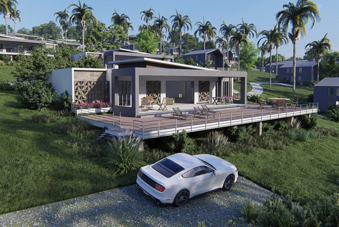 buyDRproperty Modern villa with deck, white sports car, and palm trees; part of a resort with mountain views Sosua Real Estate