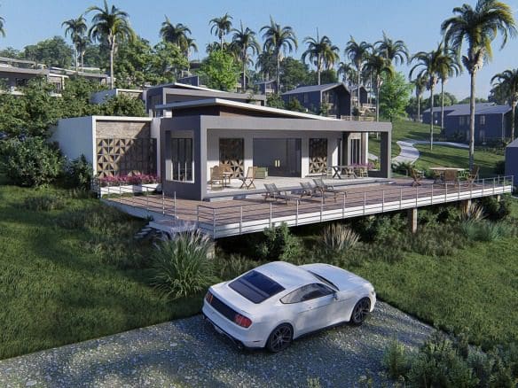buyDRproperty Modern villa with deck, white sports car, and palm trees; part of a resort with mountain views Sosua Real Estate