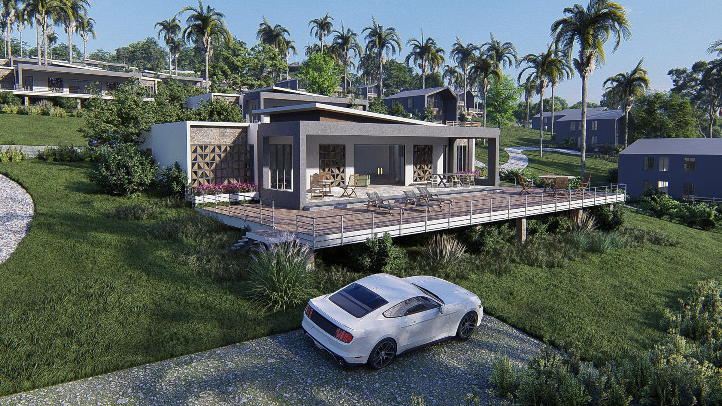 buyDRproperty Modern villa with deck, white sports car, and palm trees; part of a resort with mountain views Sosua Real Estate