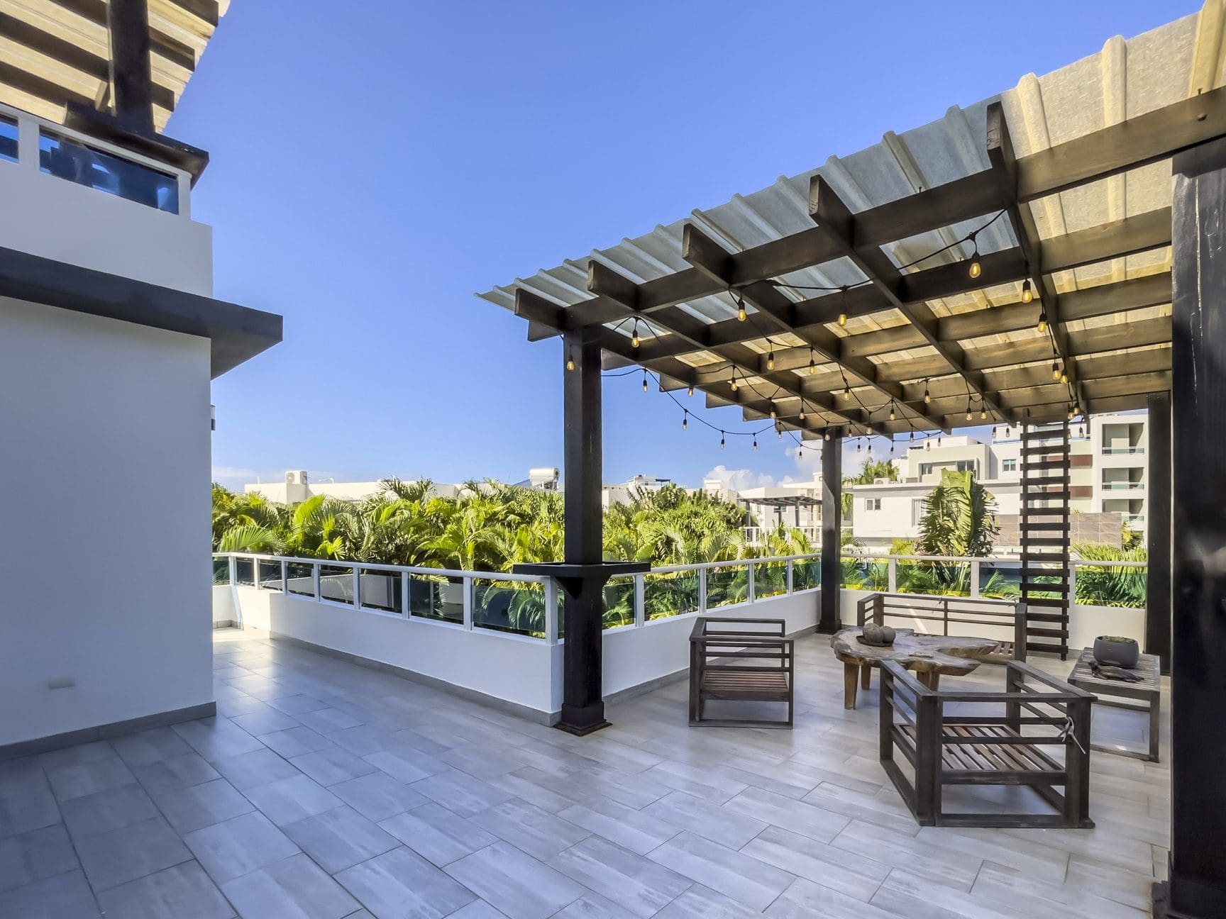 buyDRproperty Rooftop terrace of a modern 3-bedroom villa for sale in Sosúa Ocean Village, Dominican Republic, with ocean views. Sosua Real Estate