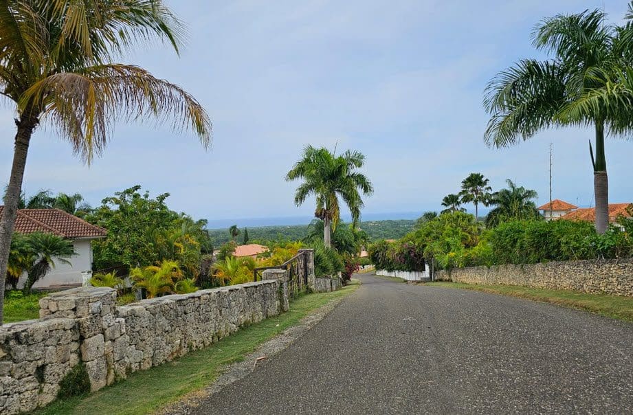 buyDRproperty Road leading to oceanview land for sale in Panorama Village. Palm trees and stone walls line the street. Sosua Real Estate