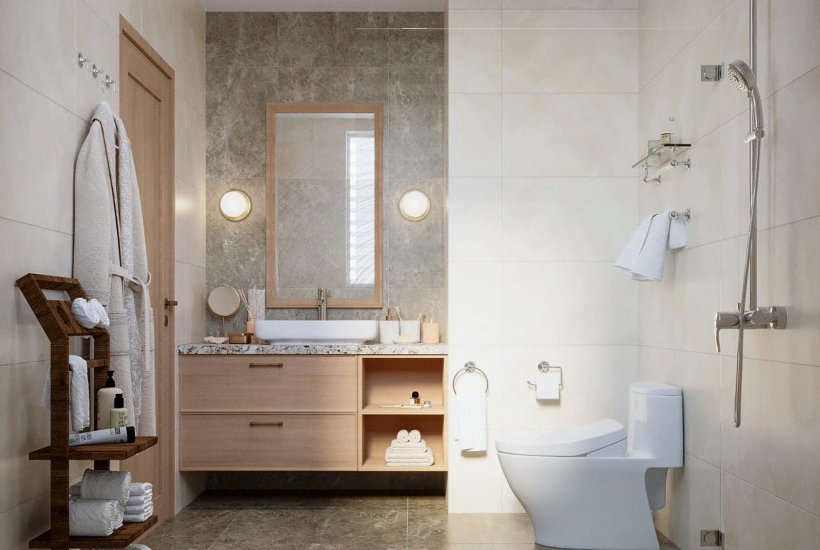 buyDRproperty Modern bathroom with wooden vanity, shower, and towel rack. Special Offer. Sosua Real Estate