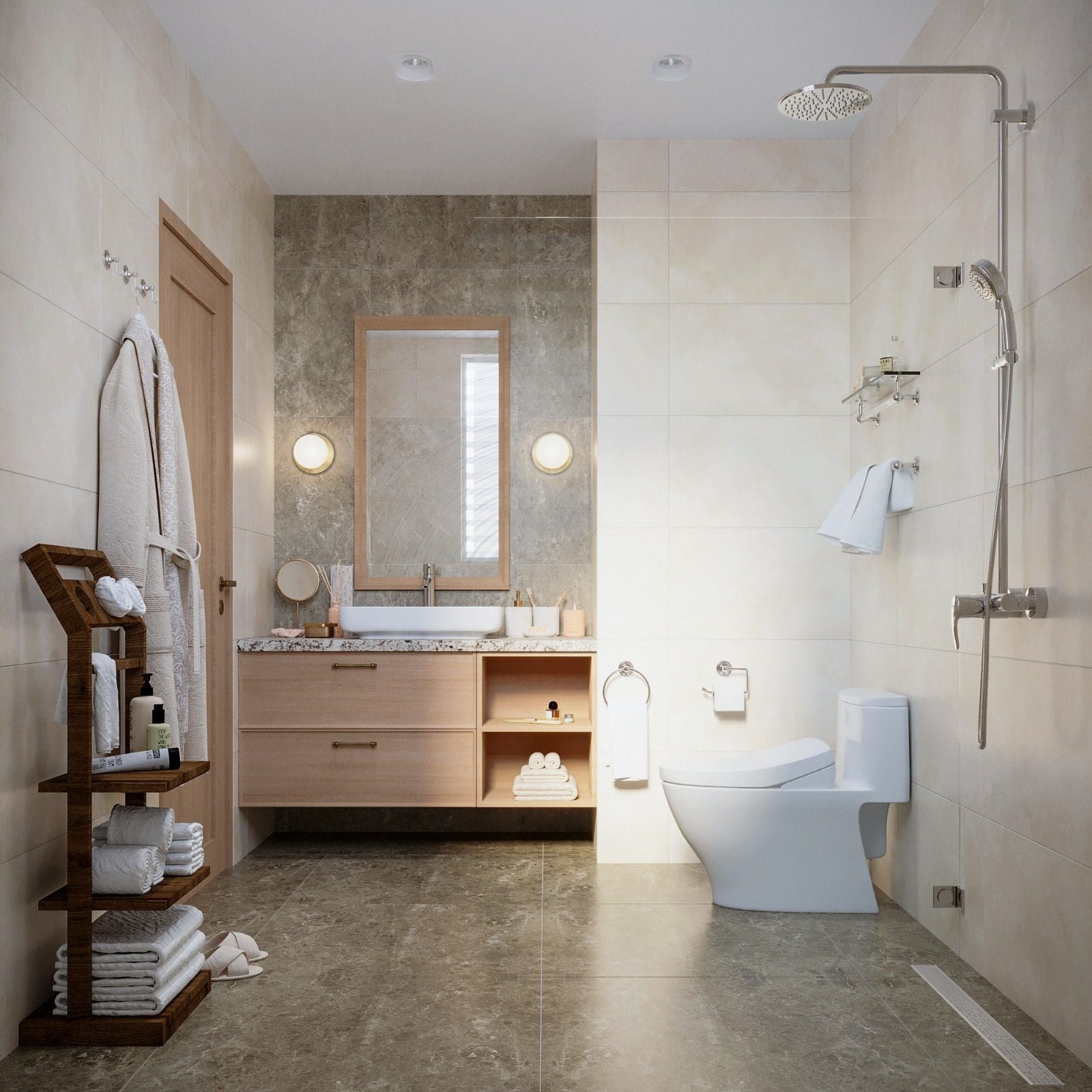 buyDRproperty Modern bathroom with wooden vanity, shower, and towel rack. Special Offer. Sosua Real Estate