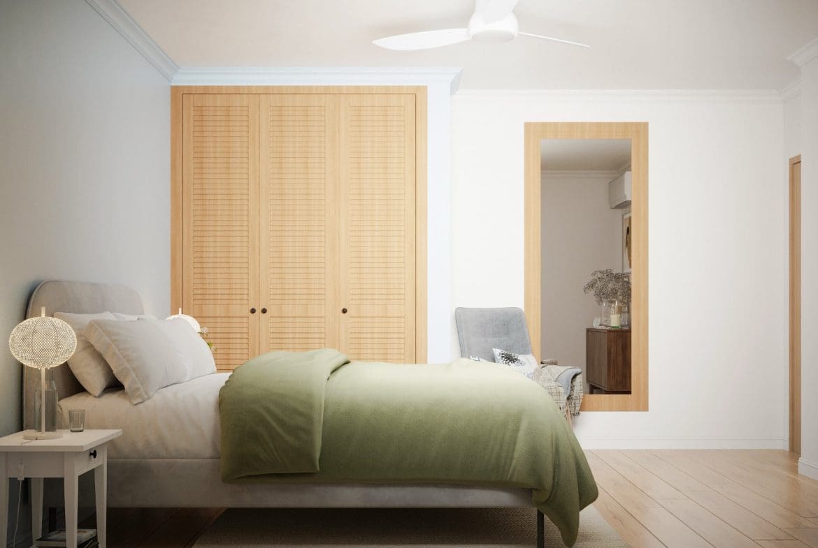 buyDRproperty Bedroom with bed, wooden closet, and ceiling fan. Pre-Construction For Sale. Sosua Real Estate
