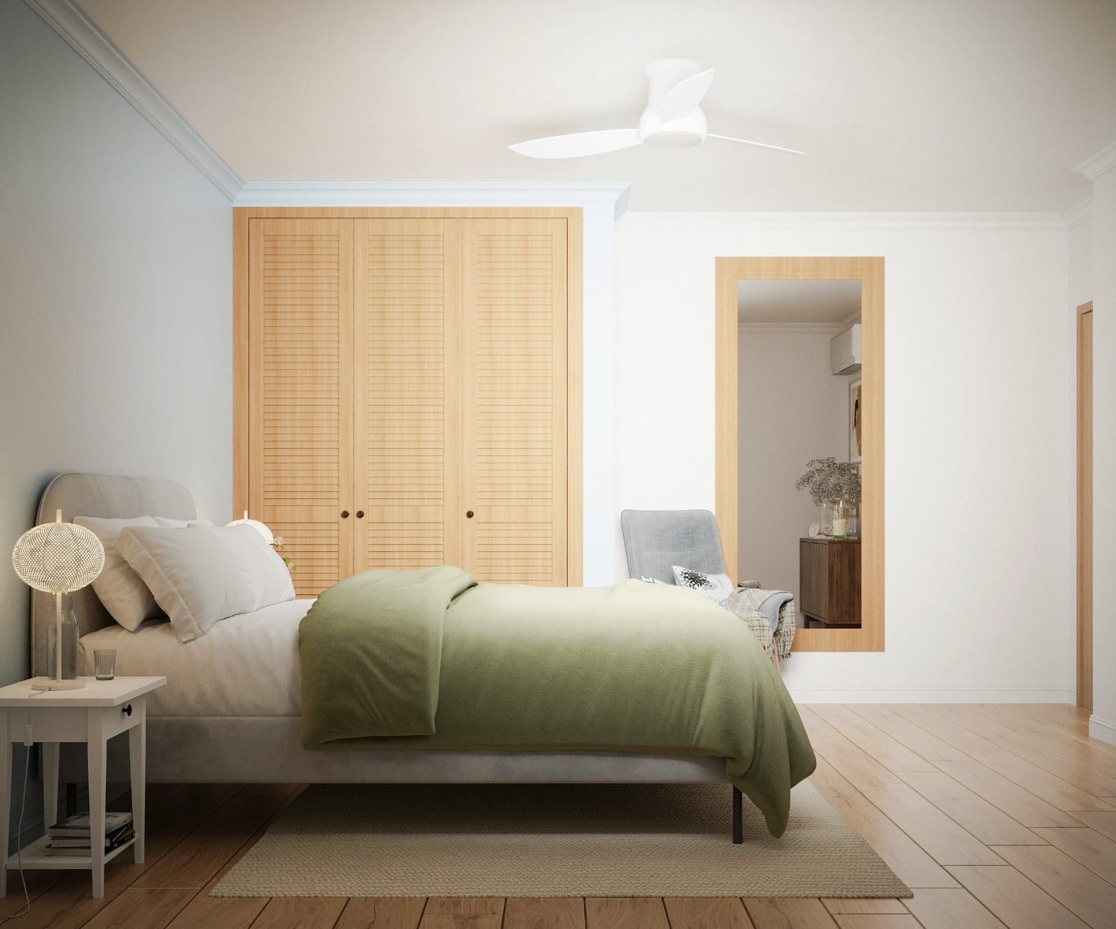 buyDRproperty Bedroom with bed, wooden closet, and ceiling fan. Pre-Construction For Sale. Sosua Real Estate