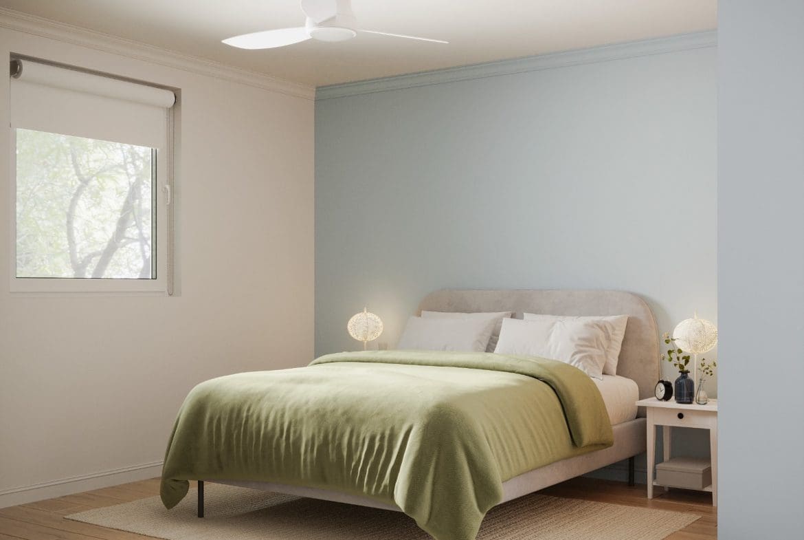 buyDRproperty Bedroom with bed and a green blanket. 3 bedroom pre-construction for sale. Sosua Real Estate