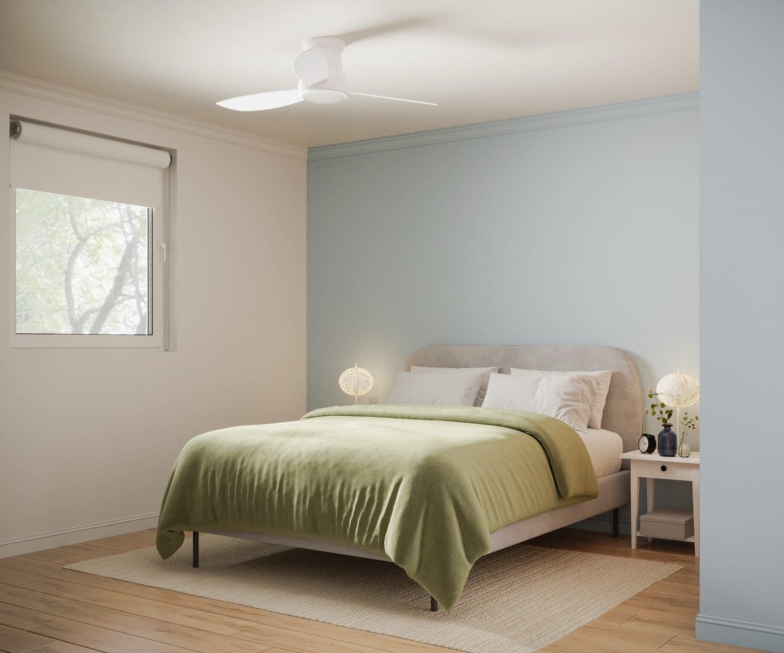 buyDRproperty Bedroom with bed and a green blanket. 3 bedroom pre-construction for sale. Sosua Real Estate