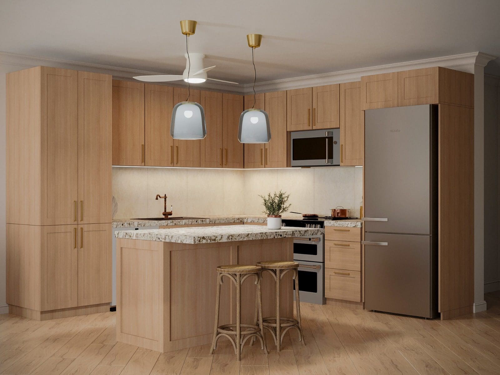 buyDRproperty Modern kitchen design with light wood cabinets and a granite countertop. 3 bedroom Pre-Construction For Sale. Sosua Real Estate