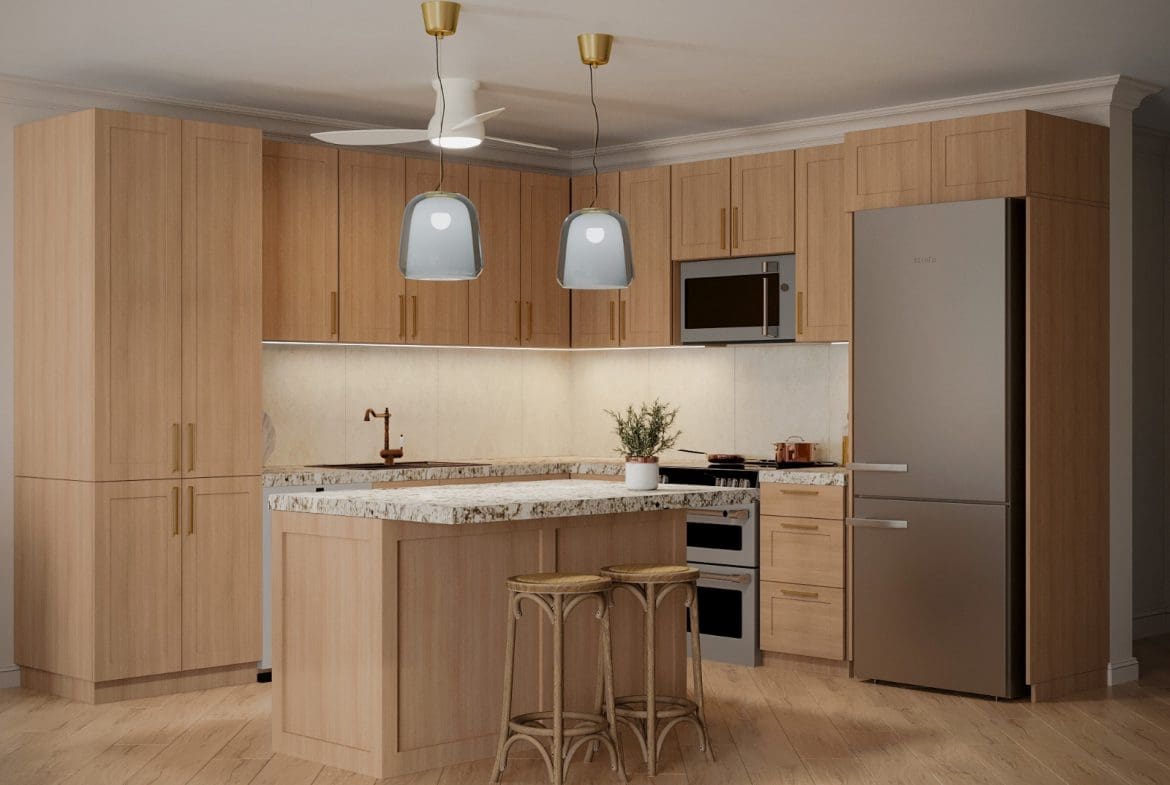 buyDRproperty Modern kitchen with light wood cabinets, granite countertop, and stainless steel appliances. Sosua Real Estate