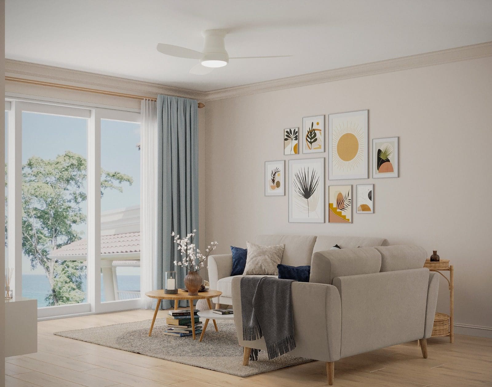 buyDRproperty Cozy living room with a sofa, art, and a view. 3 bedroom pre-construction for sale. Sosua Real Estate