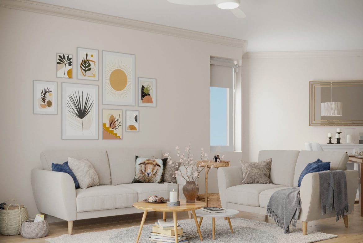 buyDRproperty Cozy living room with neutral color scheme, perfect for a 3 bedroom Pre-Construction For Sale. Sosua Real Estate