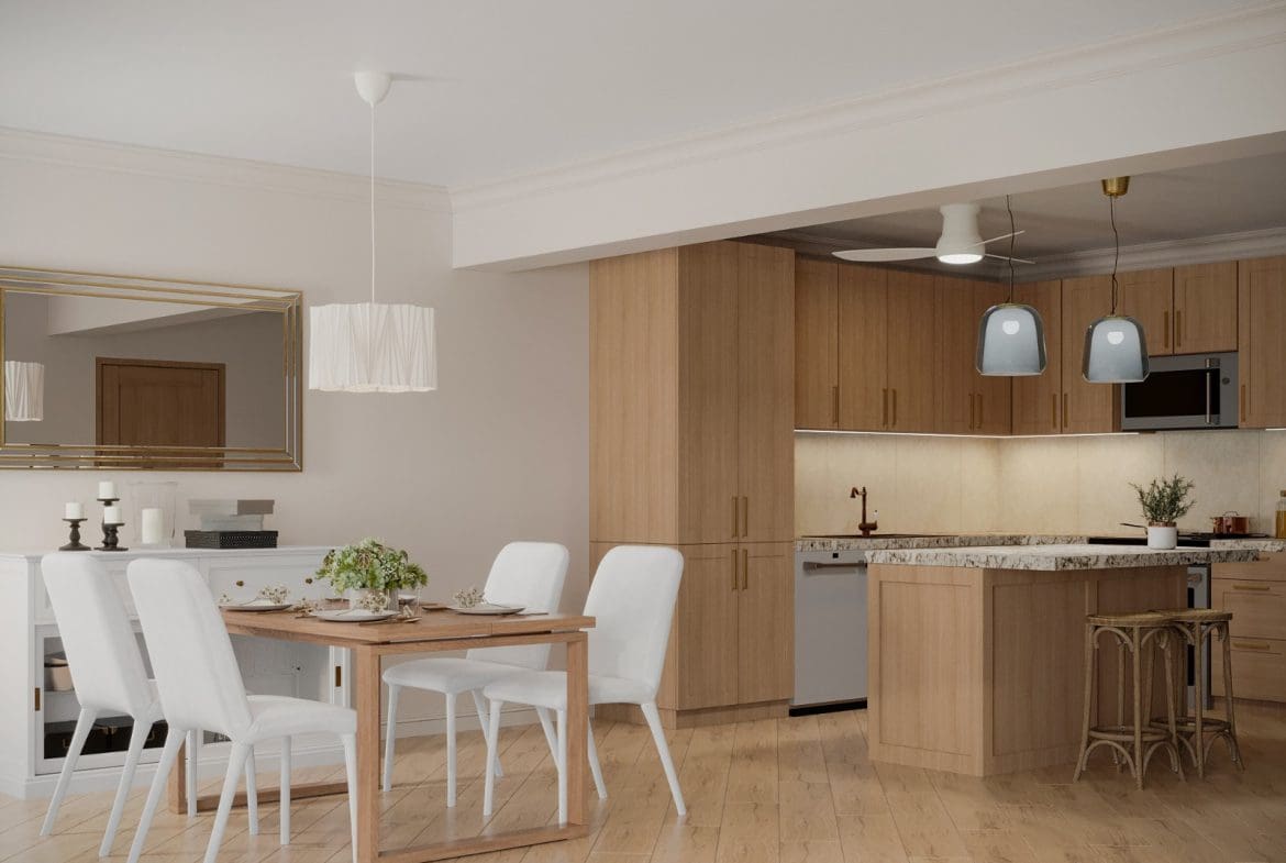 buyDRproperty Modern dining room with table, chairs, and kitchen in a 3 bedroom Pre-Construction For Sale. Sosua Real Estate