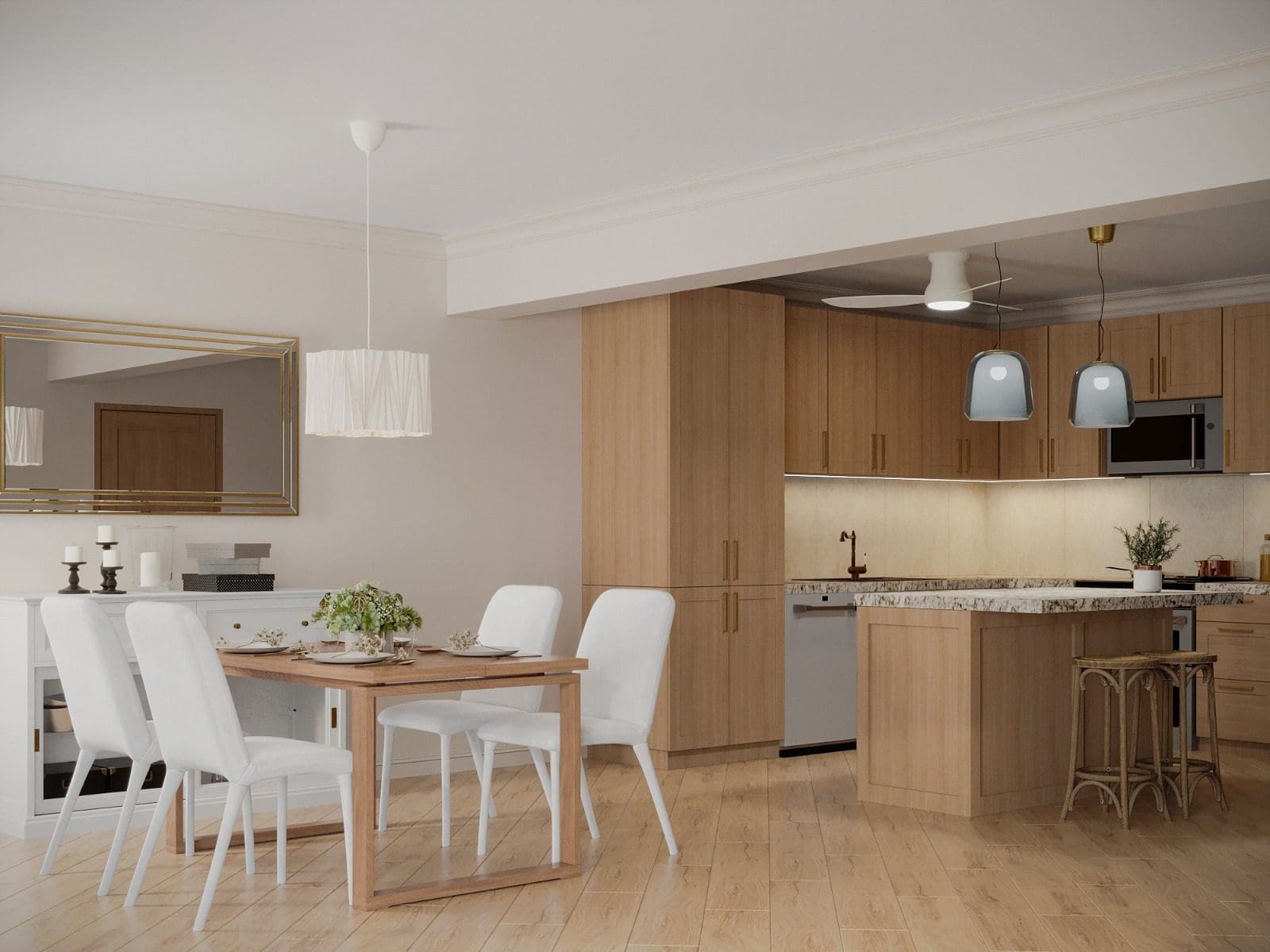 buyDRproperty Modern kitchen with dining area, showcasing a special offer for a 2-bedroom pre-construction home. Sosua Real Estate