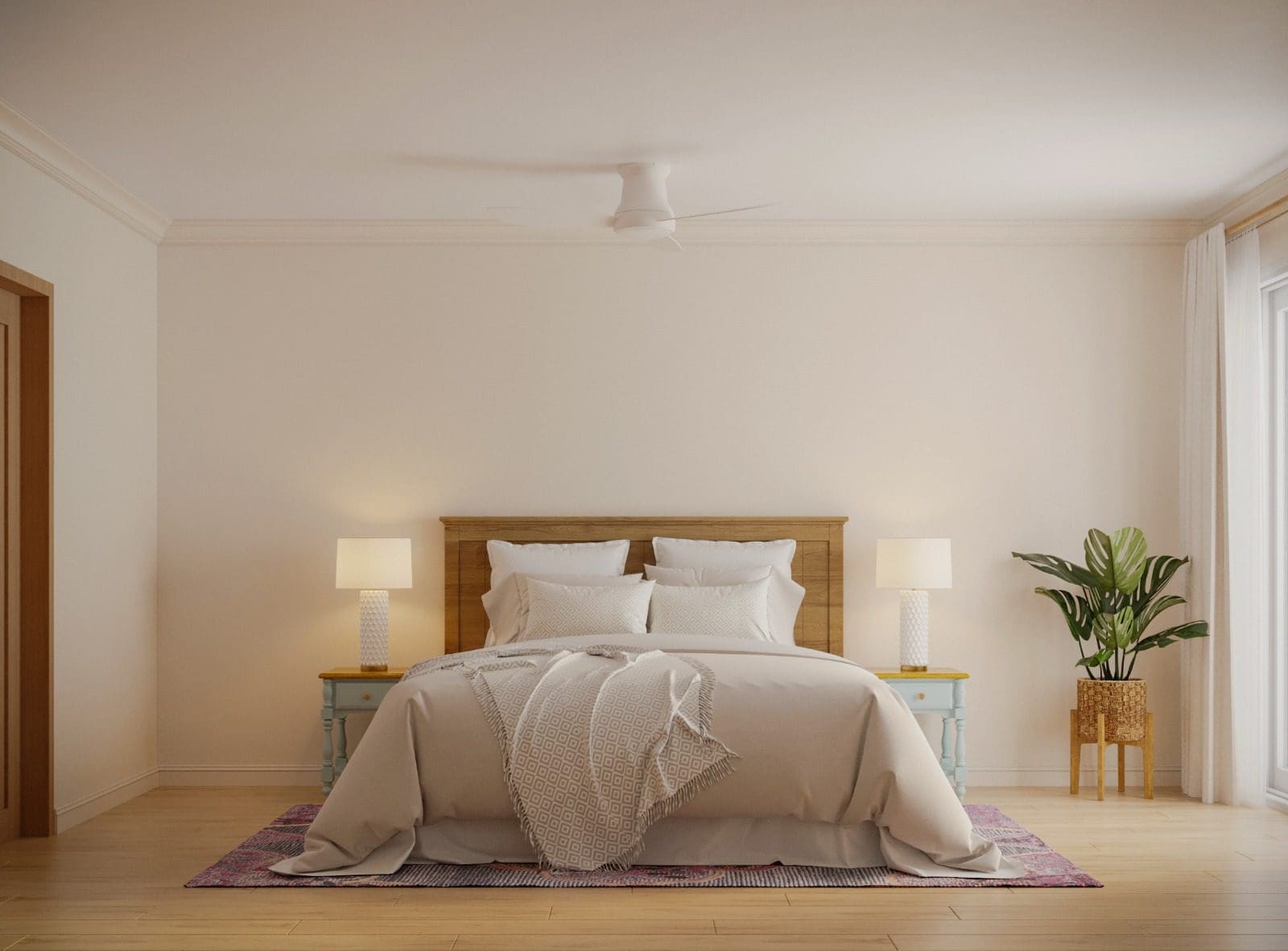 buyDRproperty Cozy bedroom with a large bed, lamps, and a plant. 3 bedroom pre-construction for sale. Sosua Real Estate