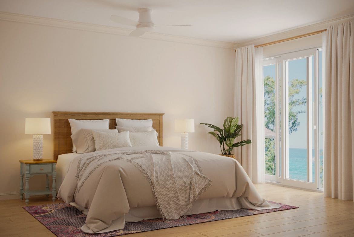 buyDRproperty Bedroom with bed, nightstands, and ocean view. Special Offer on 2 bedroom units. Sosua Real Estate