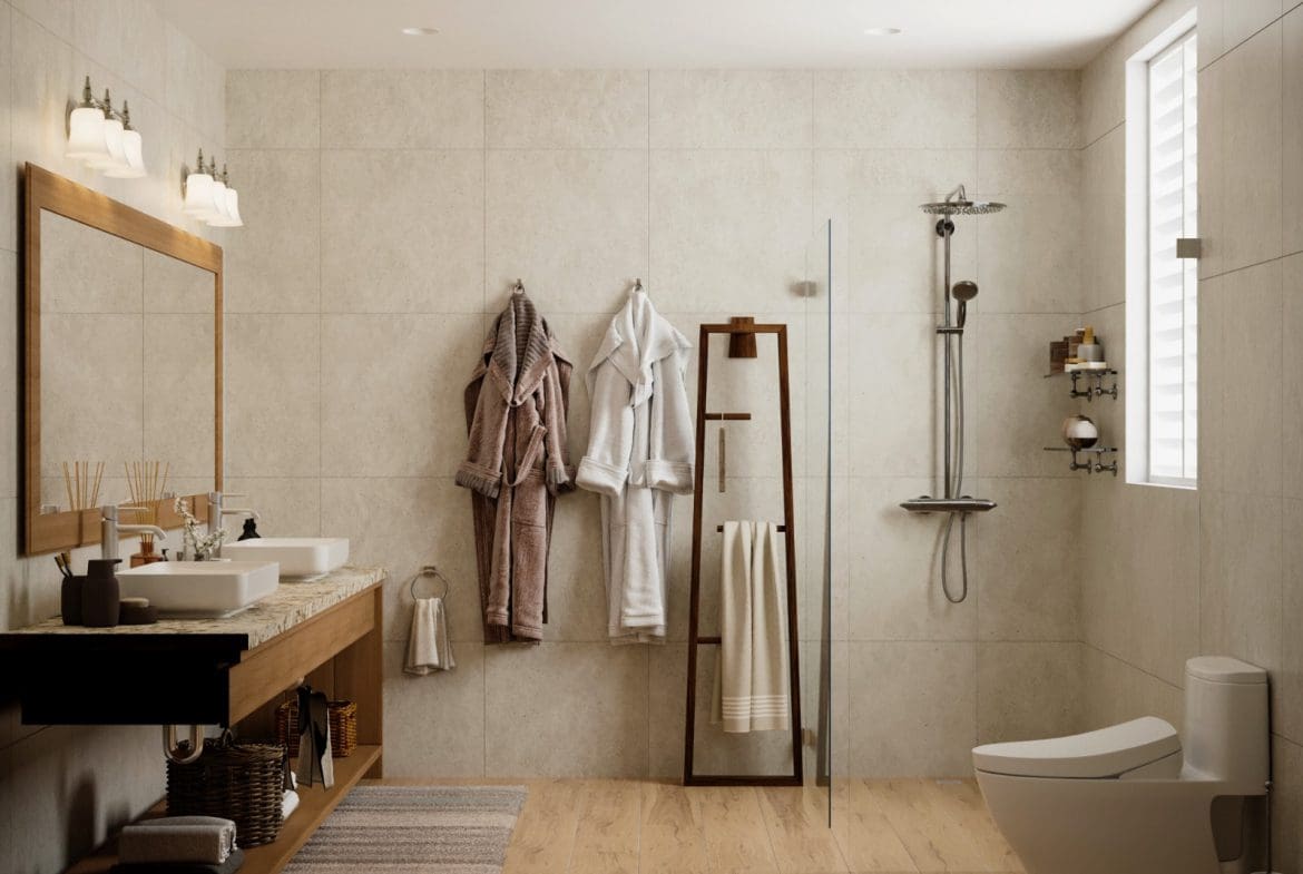 buyDRproperty Modern bathroom with shower, double sinks, and a wooden vanity. Sosua Real Estate