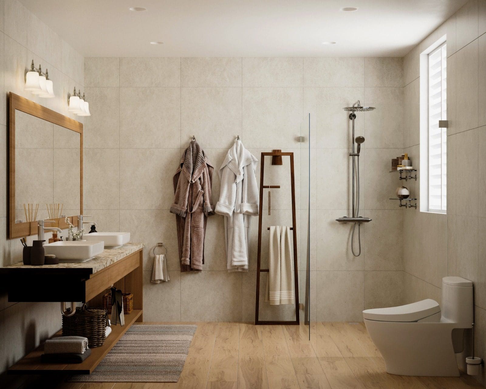 buyDRproperty Modern bathroom with shower, double sinks, and a wooden vanity. Sosua Real Estate