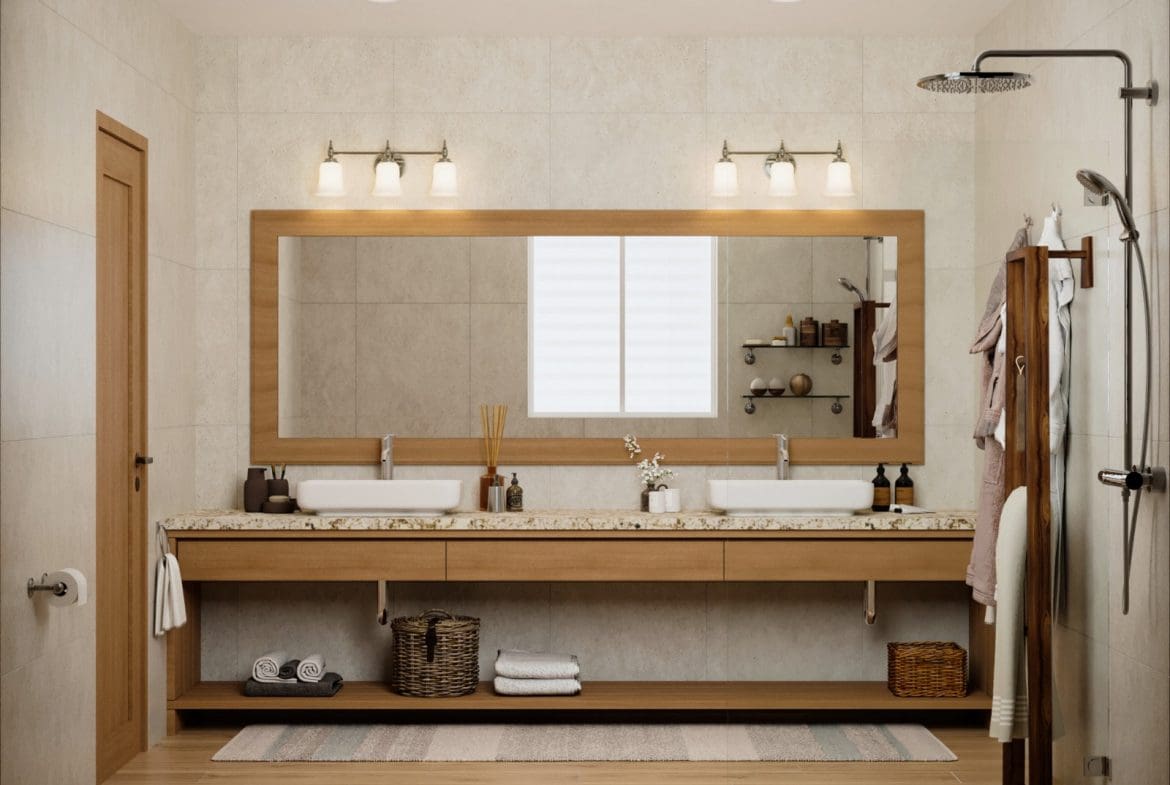 buyDRproperty Modern bathroom with double sinks, mirror, and shower. 3 bedroom Pre-Construction For Sale. Sosua Real Estate