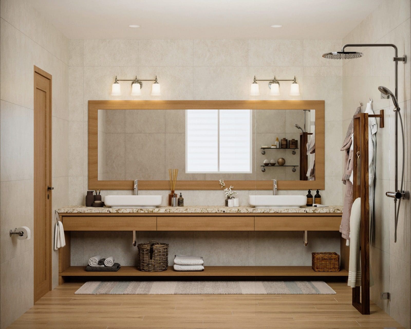 buyDRproperty Modern bathroom with double sinks, mirror, and shower. 3 bedroom Pre-Construction For Sale. Sosua Real Estate