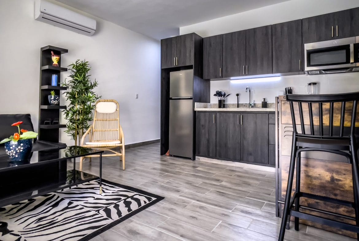 buyDRproperty Modern one bedroom condo interior with kitchen and living area Sosua Real Estate