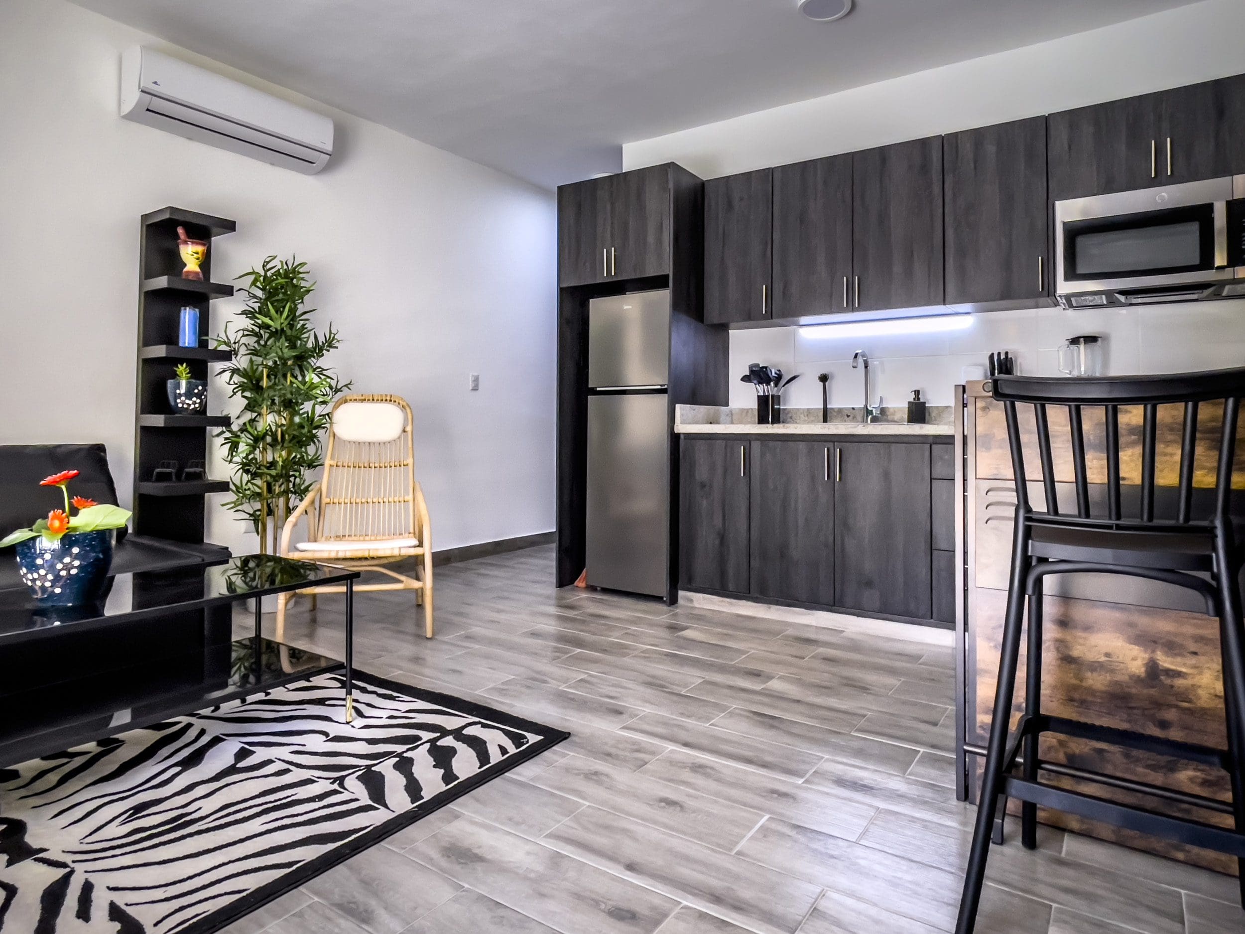 buyDRproperty Modern one bedroom condo interior with kitchen and living area Sosua Real Estate