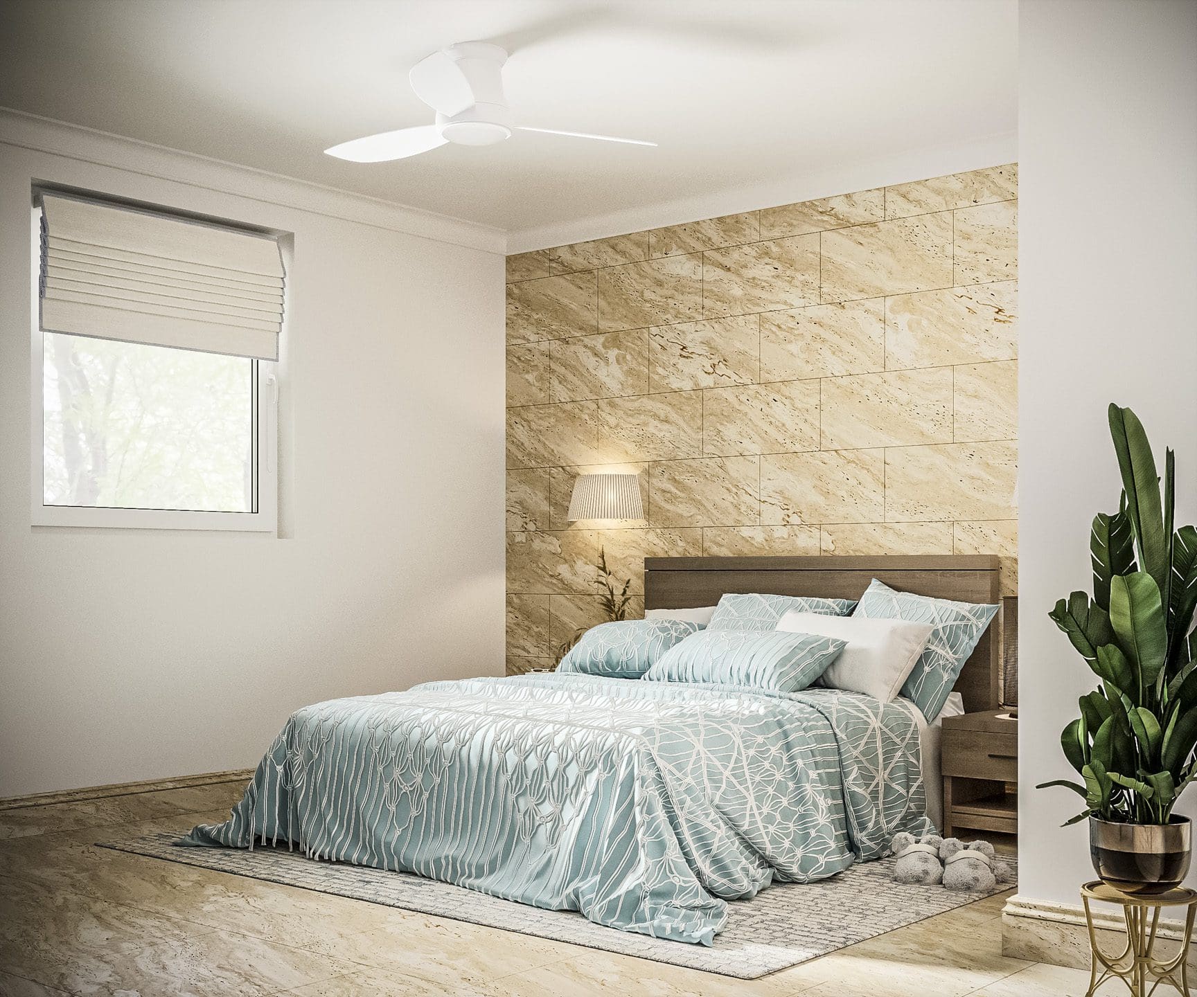 buyDRproperty Bedroom with a bed and a large plant. 3 bedroom Pre-Construction For Sale. Sosua Real Estate