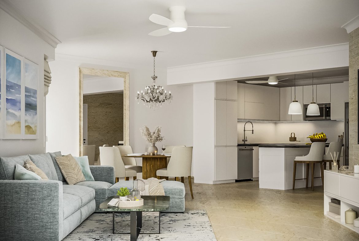 buyDRproperty Spacious living room and kitchen in a 3 bedroom Pre-Construction For Sale. Sosua Real Estate