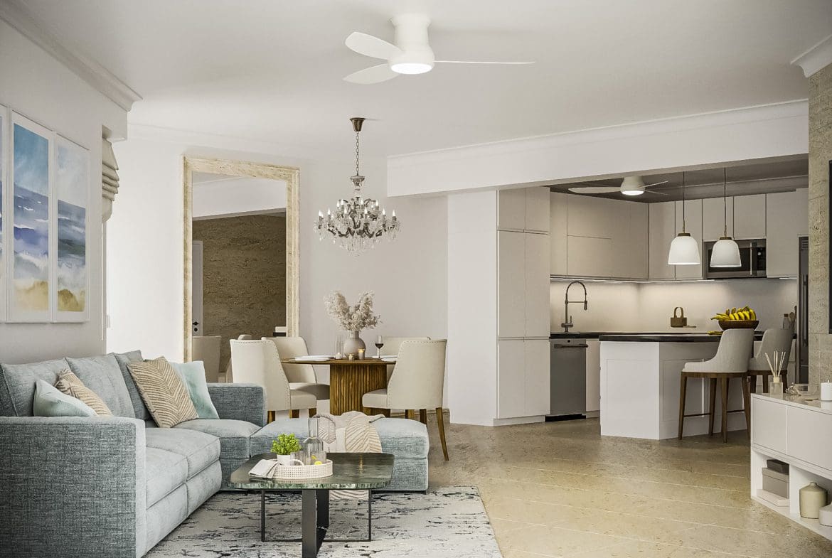 buyDRproperty Spacious living room and kitchen in a 3 bedroom Pre-Construction For Sale. Sosua Real Estate