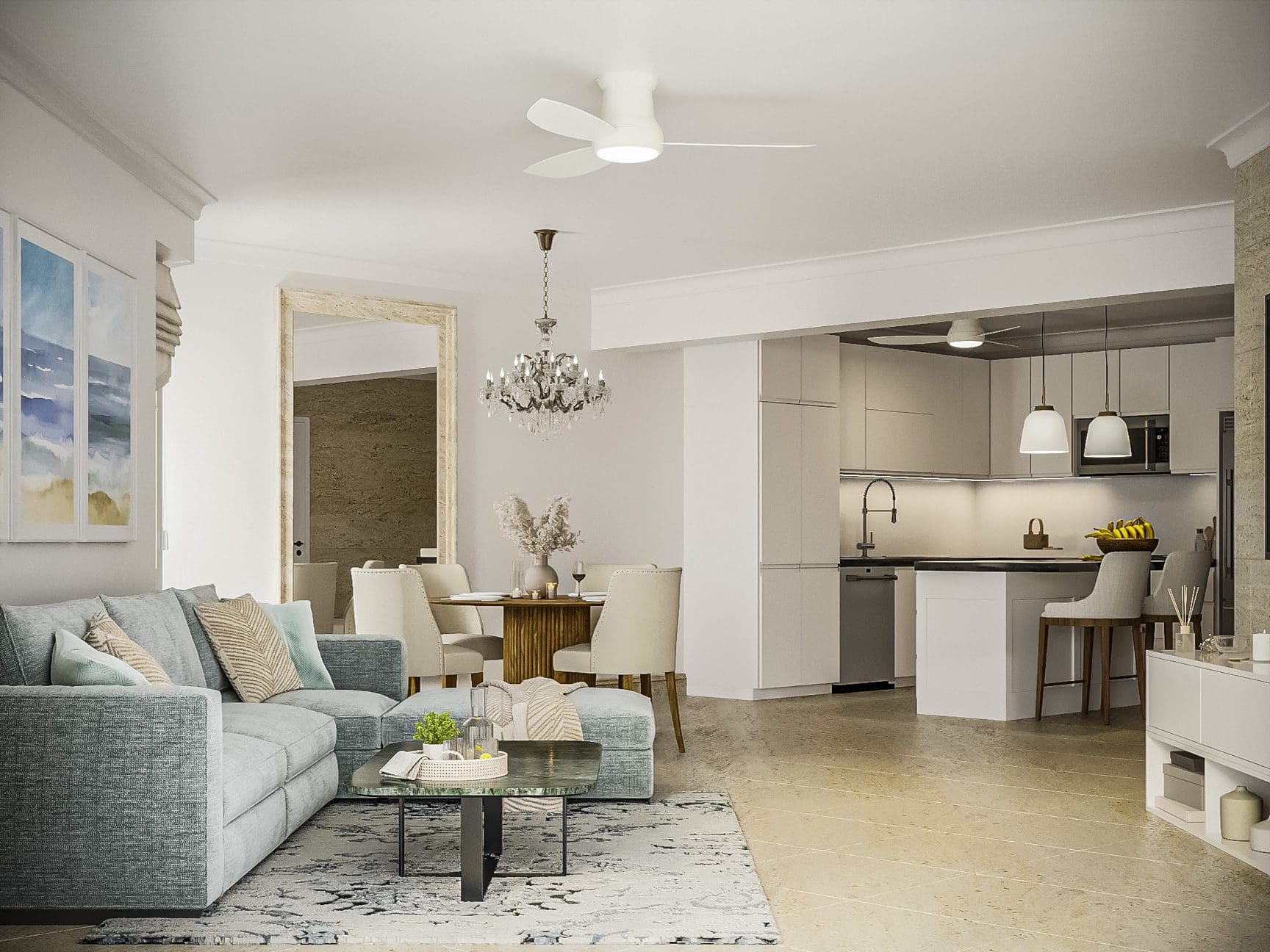 buyDRproperty Spacious living room and kitchen in a 3 bedroom Pre-Construction For Sale. Sosua Real Estate