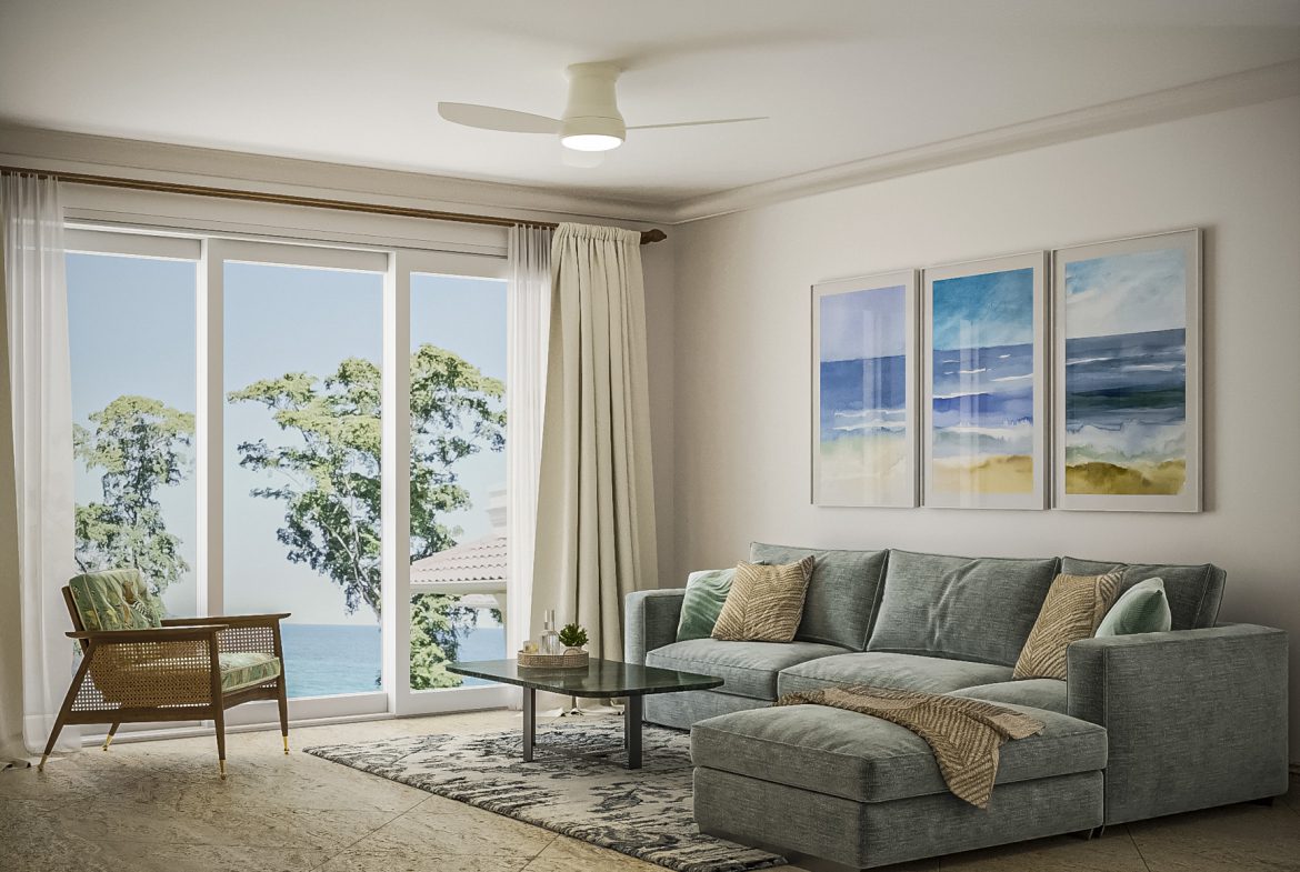 buyDRproperty Coastal living room with a 3 bedroom Pre-Construction For Sale, featuring a modern sofa and ocean view. Sosua Real Estate