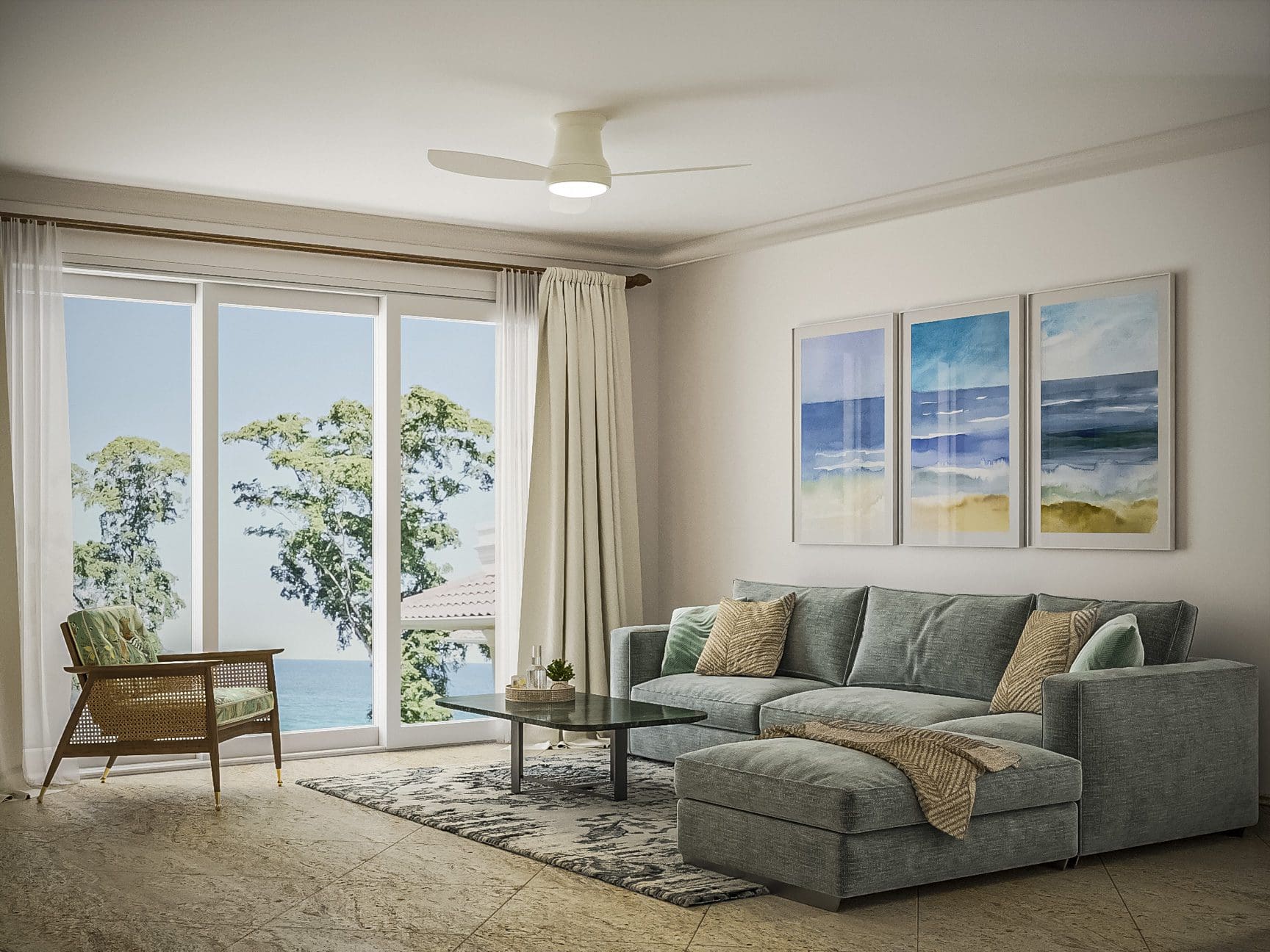 buyDRproperty Coastal living room with a 3 bedroom Pre-Construction For Sale, featuring a modern sofa and ocean view. Sosua Real Estate