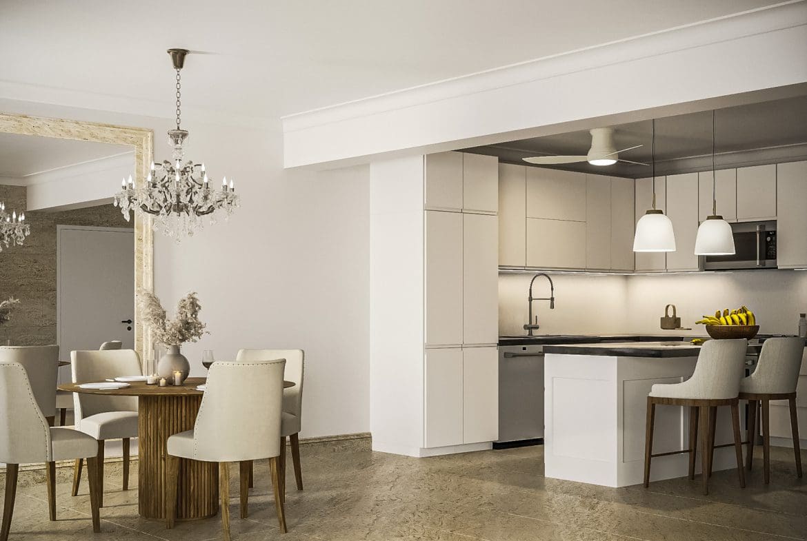buyDRproperty Modern kitchen and dining area in a 3 bedroom Pre-Construction For Sale apartment. Sosua Real Estate