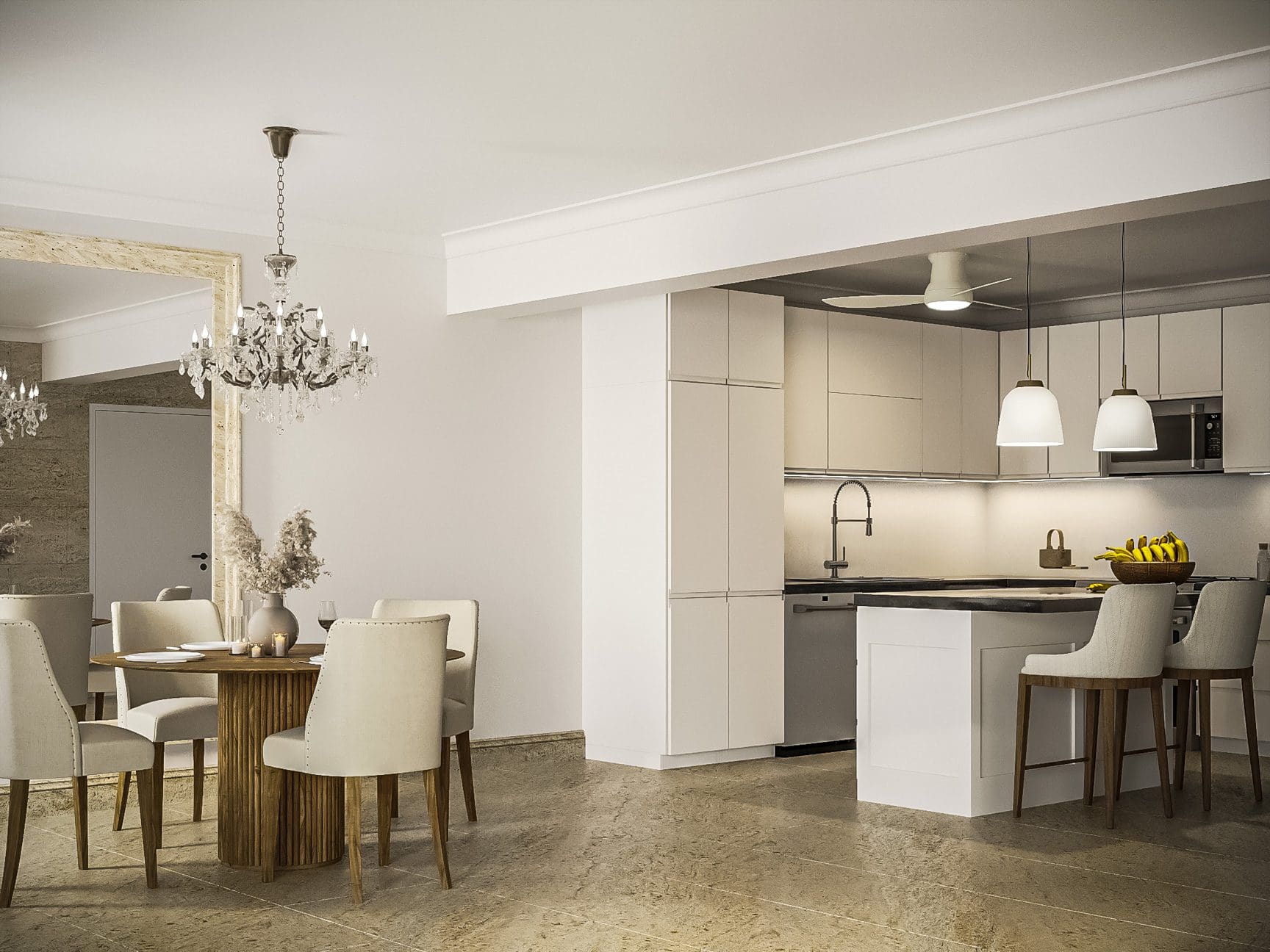 buyDRproperty Modern kitchen and dining area in a 3 bedroom Pre-Construction For Sale apartment. Sosua Real Estate