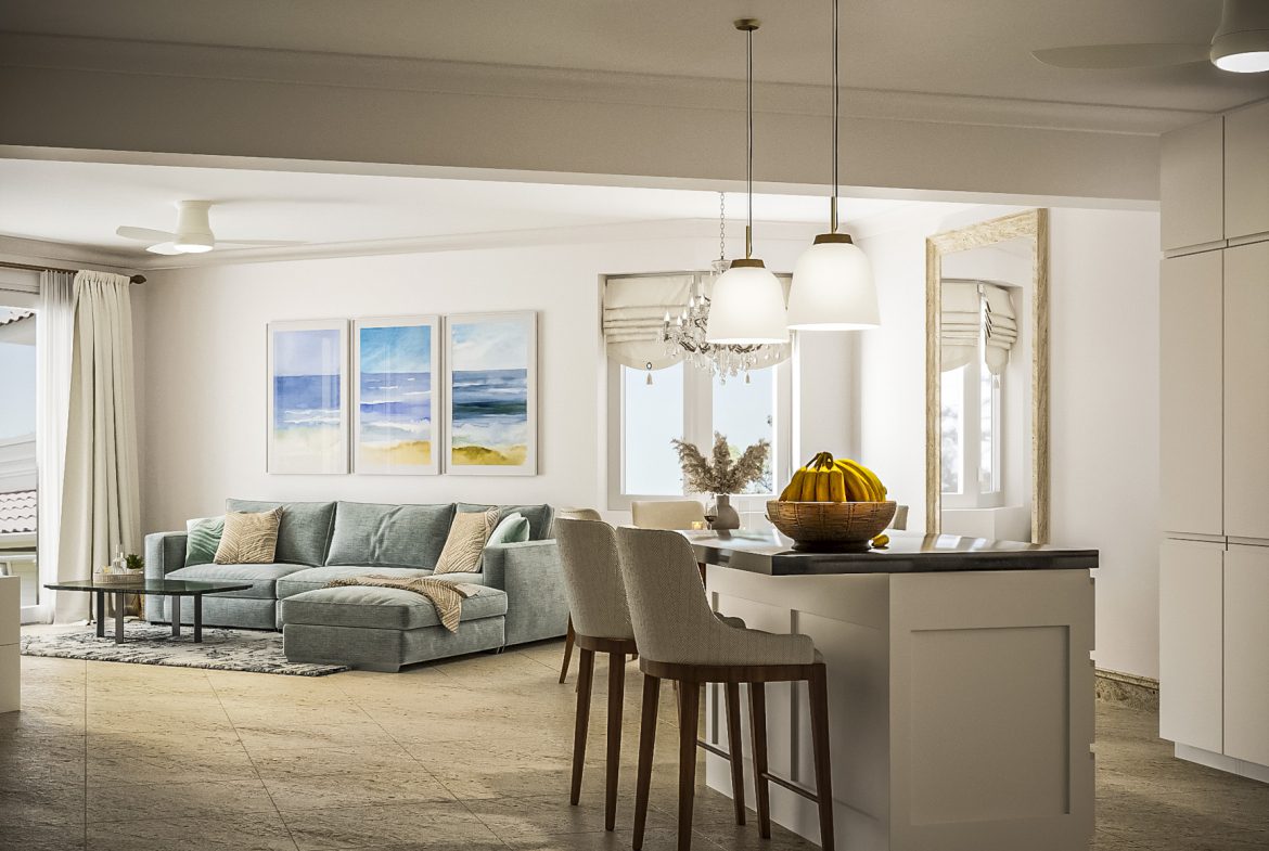 buyDRproperty Modern open-plan living space with kitchen island and 3 bedroom pre-construction for sale. Sosua Real Estate