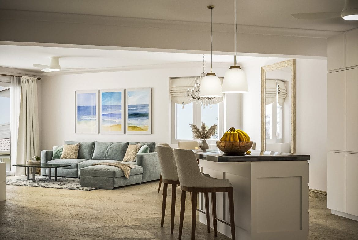 buyDRproperty Modern open-plan living space with kitchen island and 3 bedroom pre-construction for sale. Sosua Real Estate