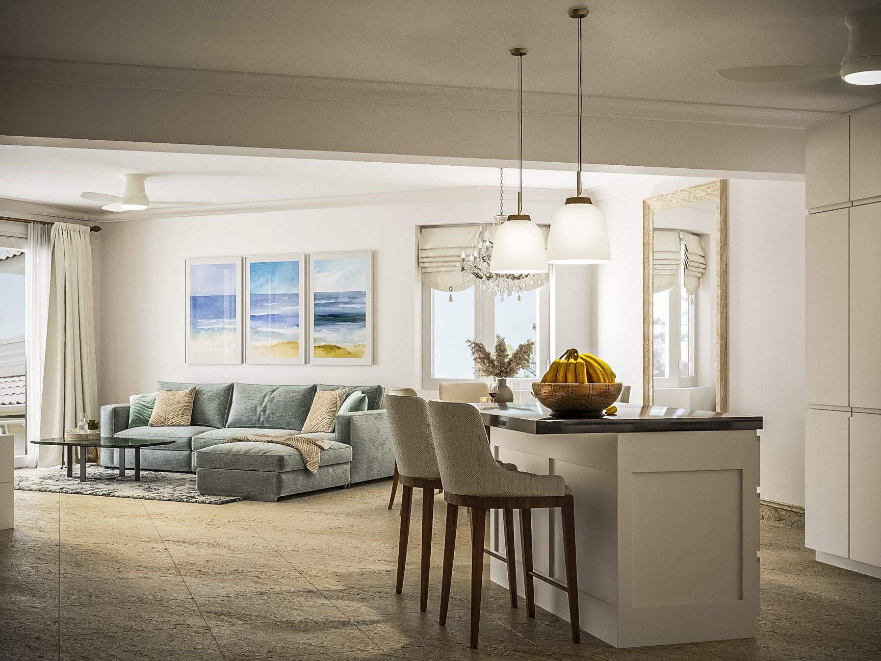 buyDRproperty Modern open-plan living space with kitchen island and 3 bedroom pre-construction for sale. Sosua Real Estate