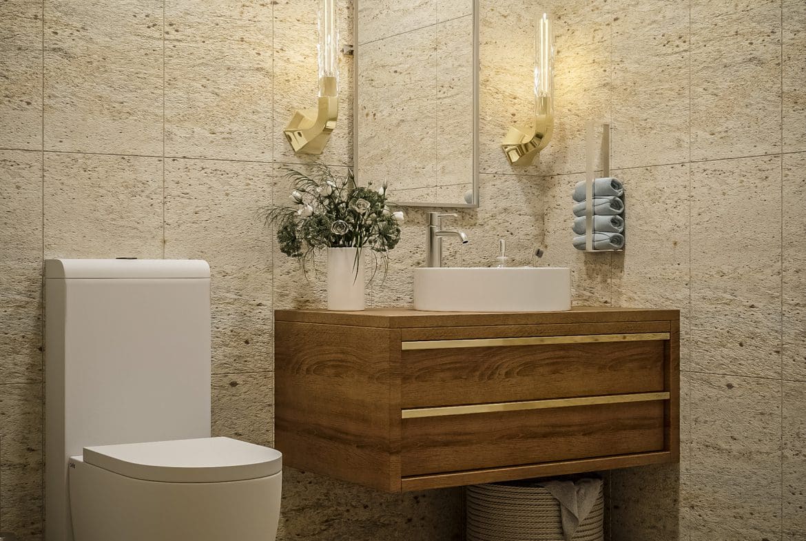buyDRproperty Modern bathroom with wooden vanity, mirror, and floral arrangement. 3 bedroom Pre-Construction For Sale. Sosua Real Estate