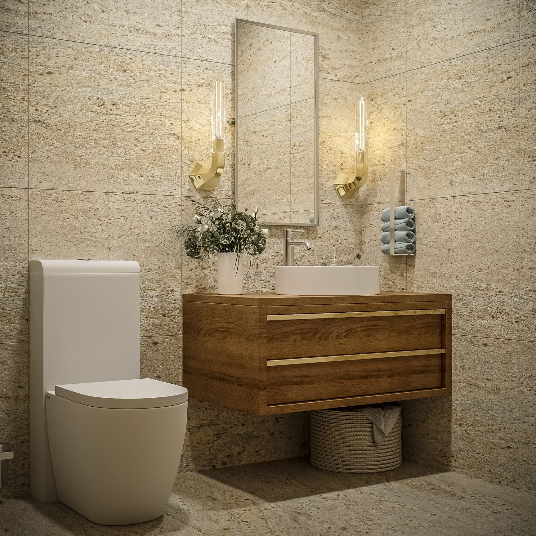 buyDRproperty Modern bathroom with wooden vanity, mirror, and floral arrangement. 3 bedroom Pre-Construction For Sale. Sosua Real Estate