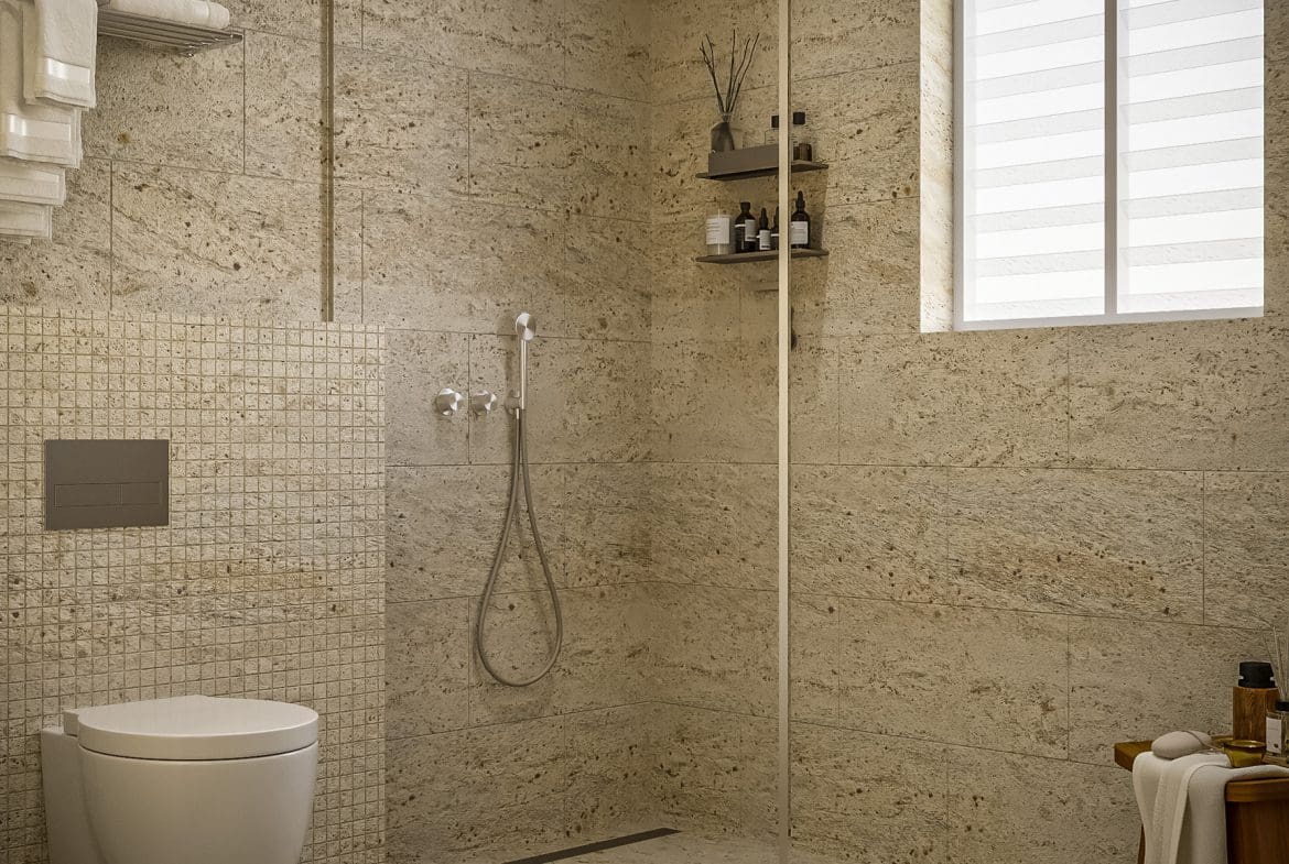 buyDRproperty Modern bathroom with glass shower and stone tiles. 3 bedroom Pre-Construction For Sale. Sosua Real Estate