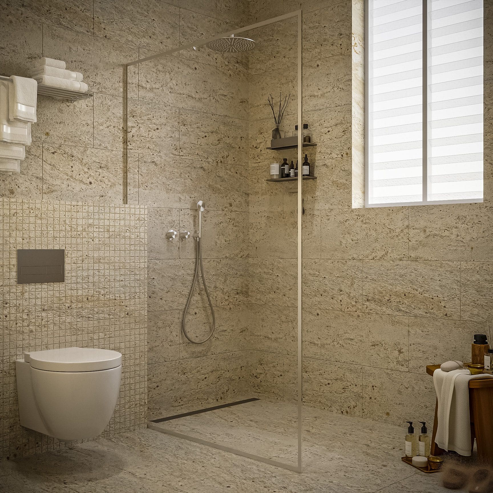buyDRproperty Modern bathroom with glass shower and stone tiles. 3 bedroom Pre-Construction For Sale. Sosua Real Estate