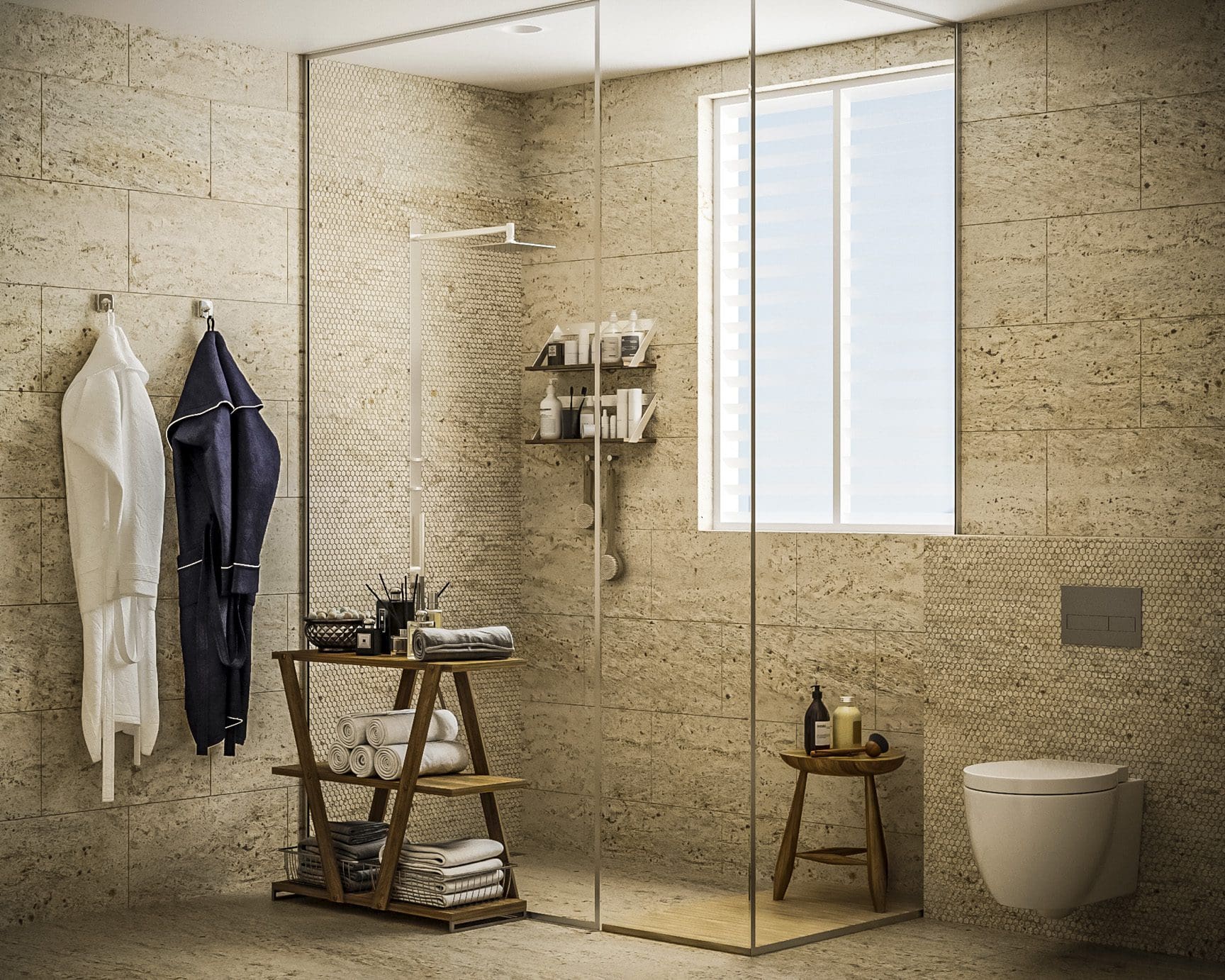 buyDRproperty Modern bathroom with shower, towels, and a window. 3 bedroom Pre-Construction For Sale. Sosua Real Estate