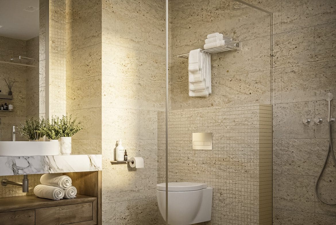 buyDRproperty Luxurious modern bathroom with travertine tile, a glass shower, and a special offer. Sosua Real Estate