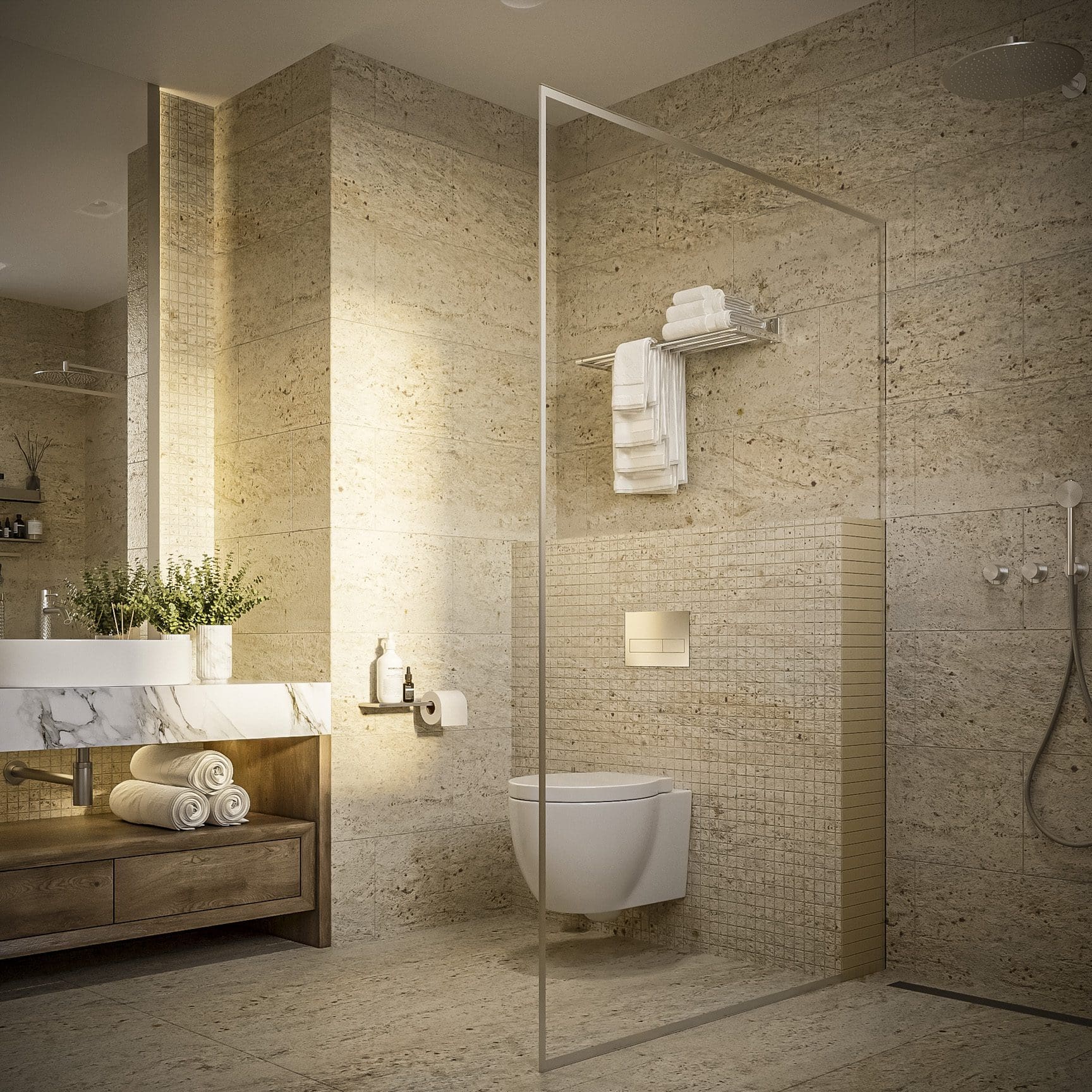 buyDRproperty Luxurious modern bathroom with travertine tile, a glass shower, and a special offer. Sosua Real Estate