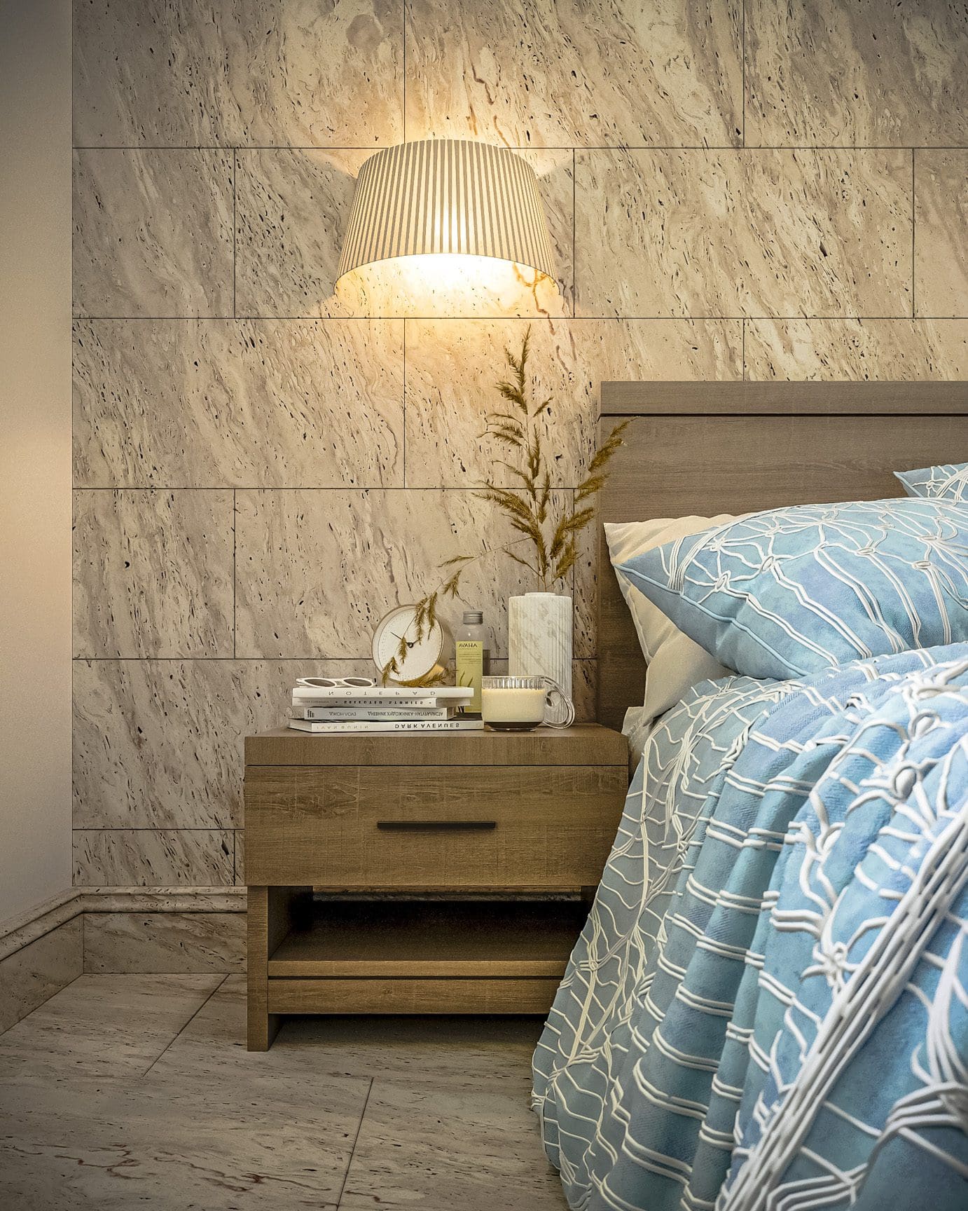 buyDRproperty Bedroom interior with a nightstand, lamp, and blue bedding. 3 bedroom Pre-Construction For Sale. Sosua Real Estate