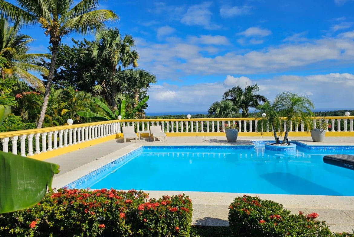 buyDRproperty Ocean view villa for sale in Sosua V5904PV with pool and palm trees under a blue sky Sosua Real Estate