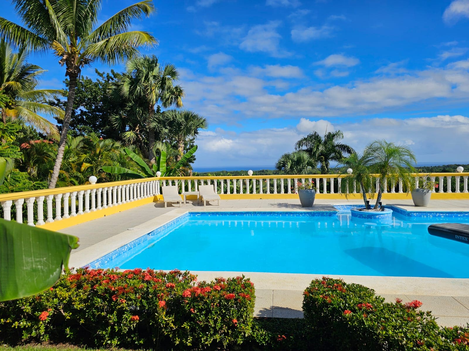 buyDRproperty Ocean view villa for sale in Sosua V5904PV with pool and palm trees under a blue sky Sosua Real Estate